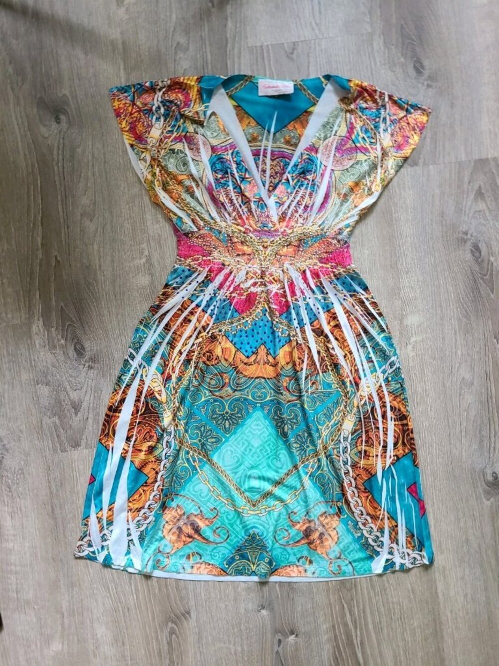 Vtg Panhandle Slim Women XS Mini Dress Boho Bling Smocked Waist Babydoll Deep V
